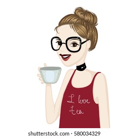 Fashion portrait, vector illustration, girl in glasses drinks, face, make up, smile, posing, cup