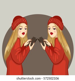 Fashion portrait, woman, girls in red clothes with mobile, vector illustration