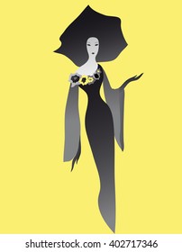Fashion portrait of a woman in a vintage style, on a light yellow background, in a big black hat, a full-length.
