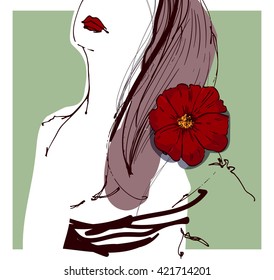 Fashion portrait of young woman with red lips and red flower. Beauty model face with make up. Hand drawn vintage design for invitation, greeting card, fabric, t-shirt.