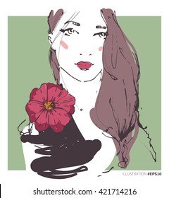 Fashion portrait of young woman with red lips and red flower. Beauty model face with make up. Hand drawn vintage design for invitation, greeting card, fabric, t-shirt.