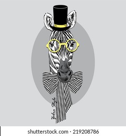 fashion portrait of zebra in tall hat, round retro glasses and stripy bow