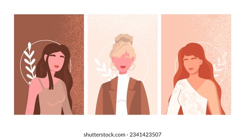 Fashion portraits posters set. Beautiful and attractive young girls. Women in fashionable clothes. Aesthetics and elegance, style. Cartoon flat vector collection isolated on white background