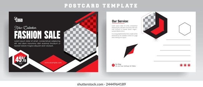 Fashion Post card template design, Comercial Uses card template, Discount fashionable post card design, Business marketing card for promotion design, Colorful corporate postcard template vector.