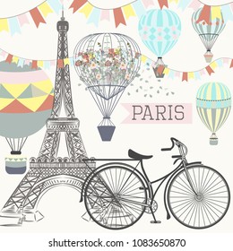 Fashion poster with Eiffel tower, bicycle and air balloons