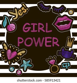 Fashion poster "Girl Power" with cute patch badges embroidery. Vector trendy illustration.