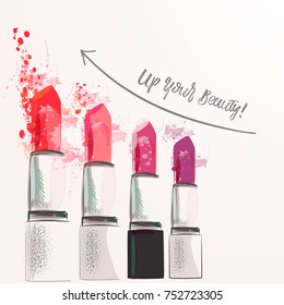 Fashion poster illustration with set of pink lipstick from ink spots