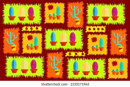 Fashion poster in Mexican style with cacti and folk ornaments. Beautiful design for postcards, posters, banners. Modern painting for print. Backround decor with desert plants.