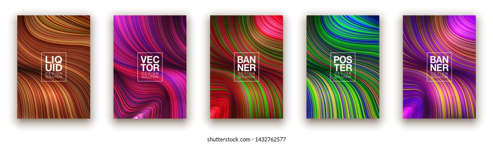 Fashion poster million thin lines luxury design. Liquid wave lines fashion background. Beautiful flowing drape textiles from many thin fibers yarn. Vector illustration vogue drape banner EPS10 set