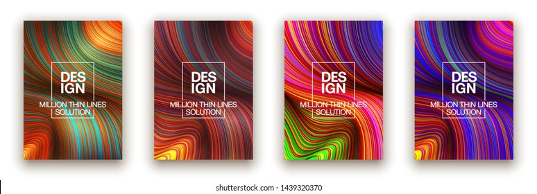 Fashion poster million thin lines luxury design. Liquid wave lines fashion background. Beautiful flowing drape textiles from many thin fibers yarn. Vector illustration vogue drape banner EPS10 set