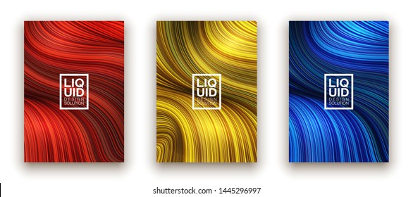 Fashion poster million thin lines luxury design. Liquid wave lines fashion background. Beautiful flowing drape textiles from many thin fibers yarn. Vector illustration vogue drape banner EPS10 set