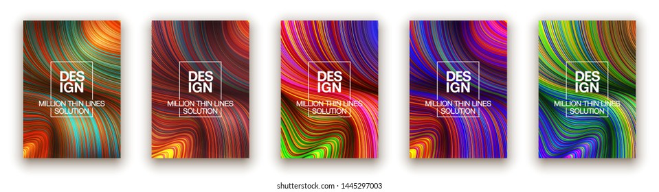 Fashion poster million thin lines luxury design. Liquid wave lines fashion background. Beautiful flowing drape textiles from many thin fibers. Vector illustration vogue drape banner EPS10 set