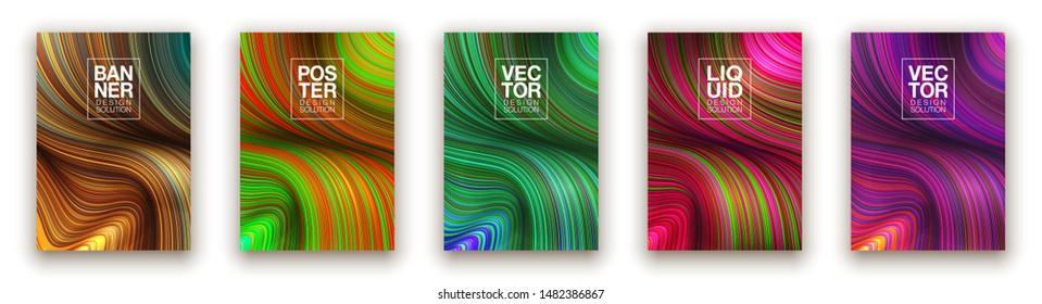 Fashion poster million thin lines luxury design. Liquid wave lines fashion background. Beautiful flowing drape textiles from many thin fibers yarn. Vector illustration vogue drape banner EPS10 set