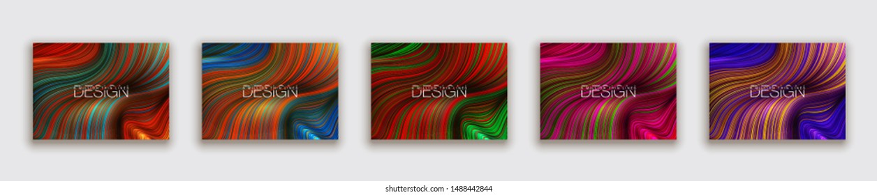 Fashion poster million thin lines luxury design. Liquid wave lines fashion background. Beautiful flowing drape textiles from many thin fibers yarn. Vector illustration vogue drape banner EPS10 set