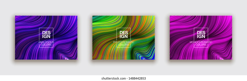 Fashion poster million thin lines luxury design. Liquid wave lines fashion background. Beautiful flowing drape textiles from many thin fibers yarn. Vector illustration vogue drape banner EPS10 set