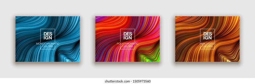 Fashion poster million thin lines luxury design. Liquid wave lines fashion background. Beautiful flowing drape textiles from many thin fibers yarn. Vector illustration vogue drape banner EPS10 set