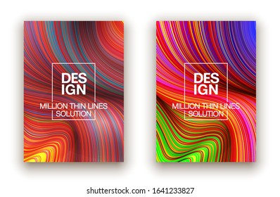 Fashion poster million thin lines luxury design. Liquid wave lines fashion background. Beautiful flowing drape textiles from multitude of thin threads. Vector illustration vogue drape banner EPS10 set