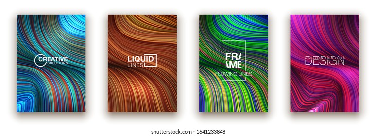 Fashion poster million thin lines luxury design. Liquid wave lines fashion background. Beautiful flowing drape textiles from multitude of thin threads. Vector illustration vogue drape banner EPS10 set