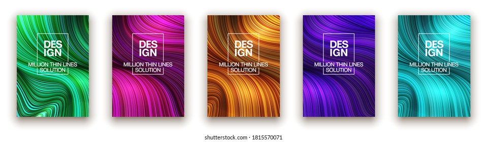 Fashion poster million thin lines luxury design. Liquid wave lines fashion background. Beautiful flowing drape textiles from multitude of thin threads. Vector illustration vogue drape banner EPS10 set