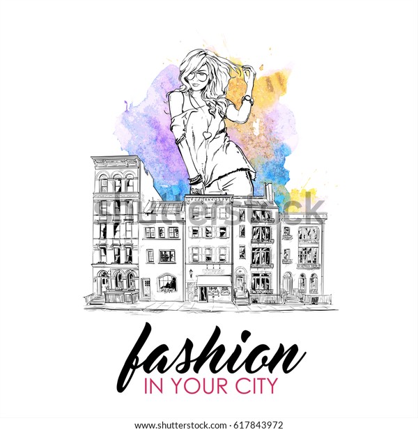 Fashion poster. Pretty girl in the city. \
Watercolor blot\
background.