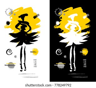 Fashion poster trendy art design. Yellow black white grunge, ink, paint, brushstrokes, painting. Girl, Model, hipster, beautiful. Hand drawn vector illustration.
