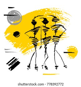Fashion poster trendy art design. Yellow black white grunge, ink, paint, brushstrokes, painting. Girl, Model, hipster, beautiful. Hand drawn vector illustration.