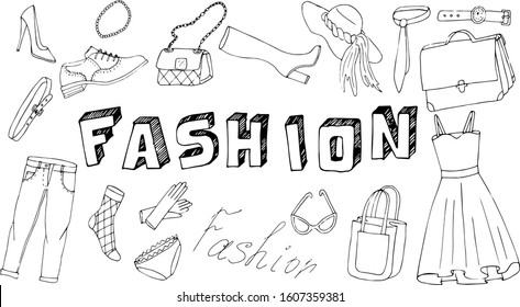 Fashion. Poster with the words "fashion" in English. The inscription "fashion" in the style of Doodle with icons on a white background. School subjects-tablets