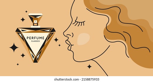 Fashion poster in the youth style consists of various geometric shapes and a bottle of perfume and a girl's face.