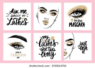 Fashion posters with female portraits, quotes about lashes and mascara. Woman with long Eyelashes. Vector collection Ideal for girl rooms, cards, beauty salon, lash extensions makers and social media.
