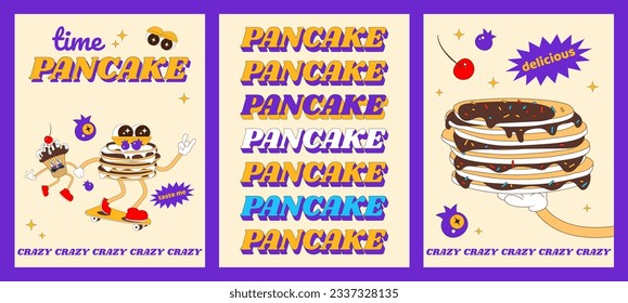 Fashion posters with funny pancake characters. Crazy pancake cake on a skateboard. Vector illustration of a poster on both sides.