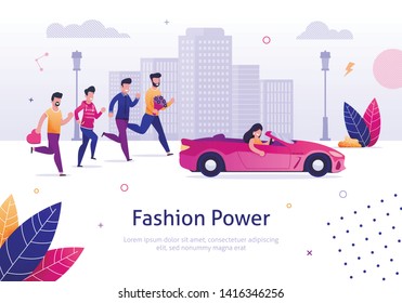 Fashion Power. Beautiful Woman Drive Pink Cabriolet Man Run Behind Vector Illustration. Cartoon Character Male Admire Attrative Girl in Car. Confident Smiling Female Driver in Automobile