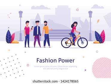 Fashion Power. Beautiful Woman Ride Electric Bicycle Man Looking Behind Vector Illustration. Cartoon Character Male Admire Attrative Girl Bike Rider. Smiling Female Bicyclist On City Street