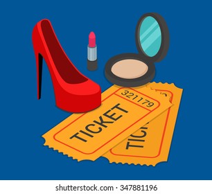 Fashion pret-a-porter show attendance ticket booking flat 3d isometry isometric web site vector template illustration. Red women shoe lipstick powder two paper tickets. Creative infographic collection