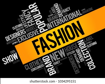 Fashion - prevailing style or trend in clothing, accessories, footwear, makeup, hairstyle or overall appearance that is popular, word cloud concept background