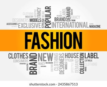 Fashion - prevailing style or trend in clothing, accessories, footwear, makeup, hairstyle or overall appearance that is popular, word cloud concept background