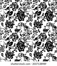 Fashion print with abstract flowers, roses buds and petals.Black and white seamless and repeat mix flowers pattern design. Floral silhouette. Vector illustration.
