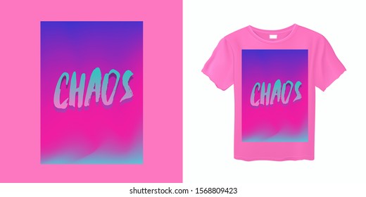 Fashion print for apparel with t-shirt mock up visualization. Brush pen lettering on rainbow background. Vaporwave and synthwave style design. 