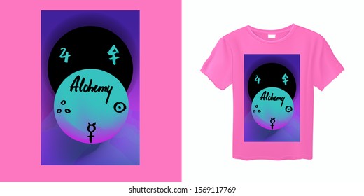 Fashion print for apparel with t-shirt mock up visualization. Vaporwave style print with alchemical symbols.