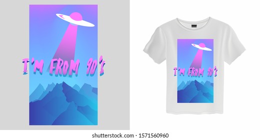 Fashion print for apparel with t-shirt mock up visualization. Vaporwave and synthwave style design with UFO plate flying above mountains.