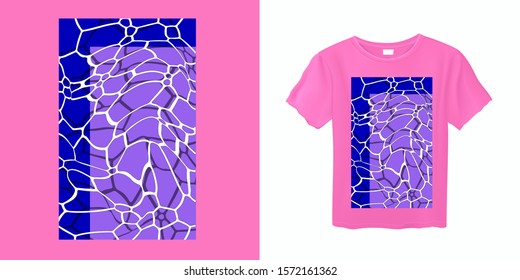 Fashion print for apparel with t-shirt mock up visualization. Vaporwave and synthwave style design. Ripples in swimming pool.
