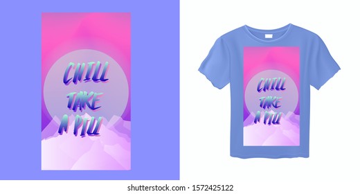 Fashion print for apparel with t-shirt mock up visualization. Vaporwave and synthwave style design.