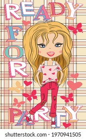Fashion print boys and girls  with text slogan.  Vector hand draw illustration.