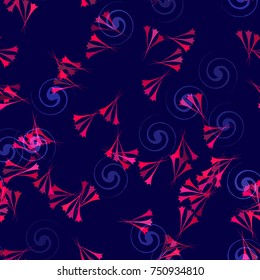 Fashion Print Design with Red Flowers on Dark Blue Background. Floral Seamless Pattern. Textile, Fabric Texture with Natural Japanese Motifs.