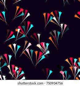 Fashion Print Design with Turquoise, Orange and Red Flowers on Dark Violet Background. Floral Seamless Pattern. Textile, Fabric Texture with Natural Japanese Motifs.