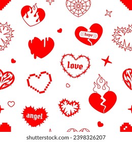 Fashion print fabric Seamless patern with red hearts in 2000s style. Y2k tattoo flamed hearts on white background. Chain heart and barbed wire heart vector seamless pattern for textile design