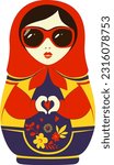 Fashion print - folk doll nesting doll shows a heart. Russian doll matryoshka.