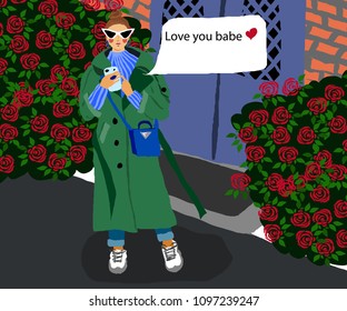 Fashion print with girl with smartphone. Vector illustration.