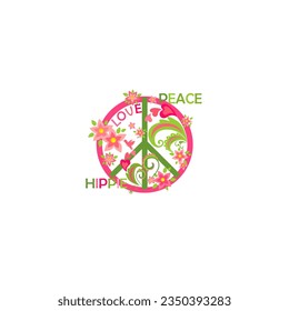 Fashion print for girl tee, hoodie t shirt, bag, poster, scrapbook, sweatshirt with hippy peace sign, love, peace and hippie word, frangipani flowers, hummingbird and pink hearts