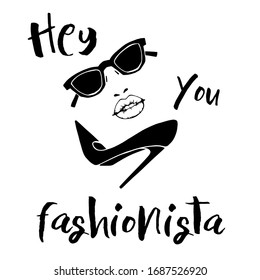 fashion, print, image of femininity from sunglasses, lips, nostrils, women's Shoe, lettering