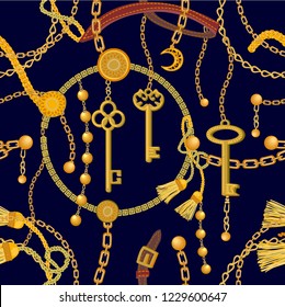 Fashion print with keys, chains, beads, straps and brushes. Seamless vector pattern with jewelry elements. Women's fashon collection. On dark background.